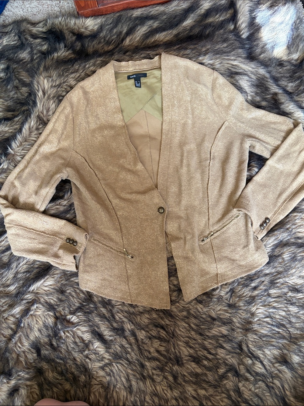 MNG Casual Metallic Tan Shimmering Women's Blazer Jacket Size L